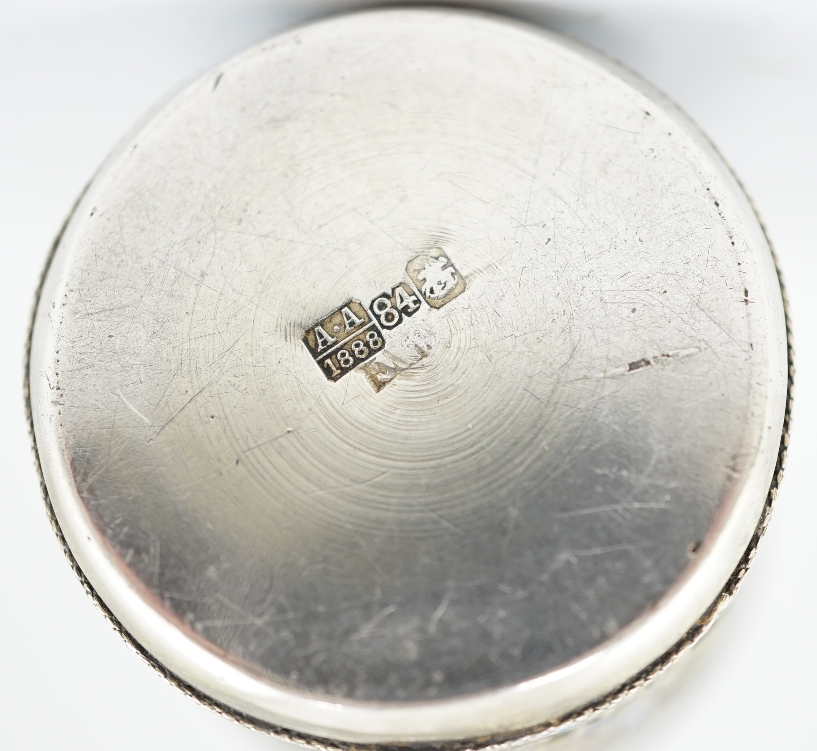 A late 19th century Russian 84 zolotnik silver and cloisonné enamel tot, assay master Anatoly Artsibashev
